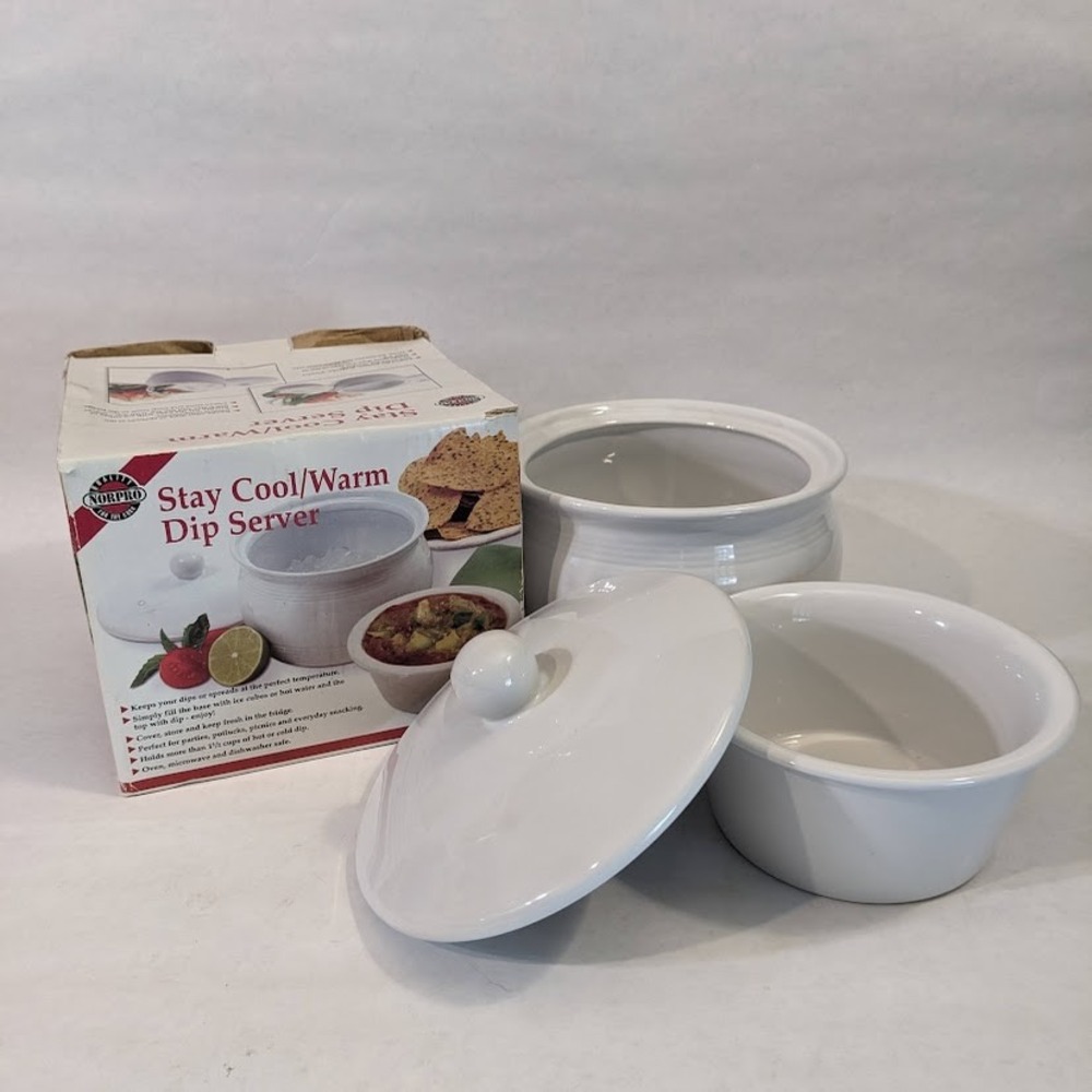 Norpro Stay Cool Warm Dip Server White Ceramic 3 Piece Set 290 Chiller Crock